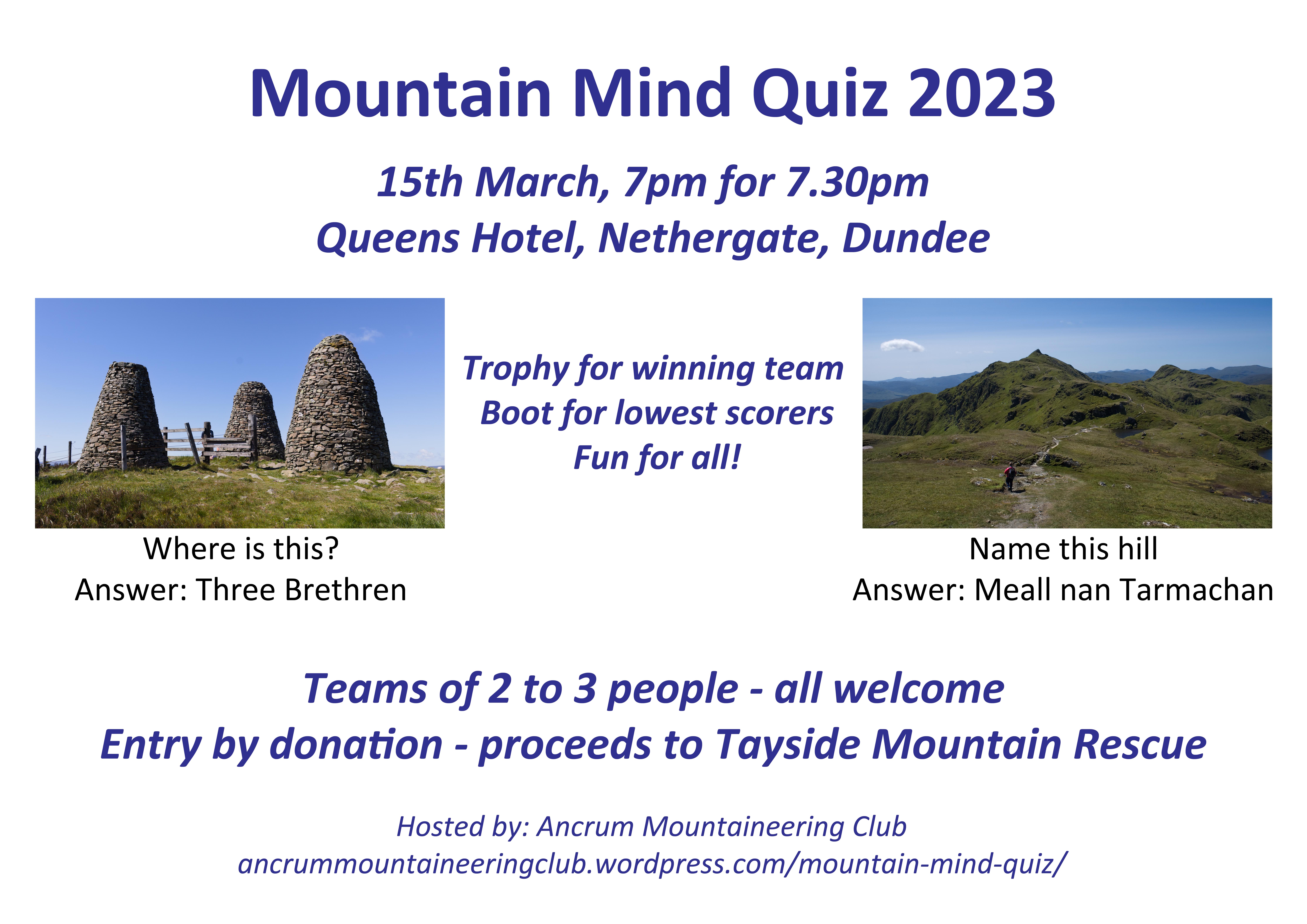 Mountain Mind Quiz 2023. Information at https://ancrummountaineeringclub.wordpress.com/mountain-mind-quiz/
